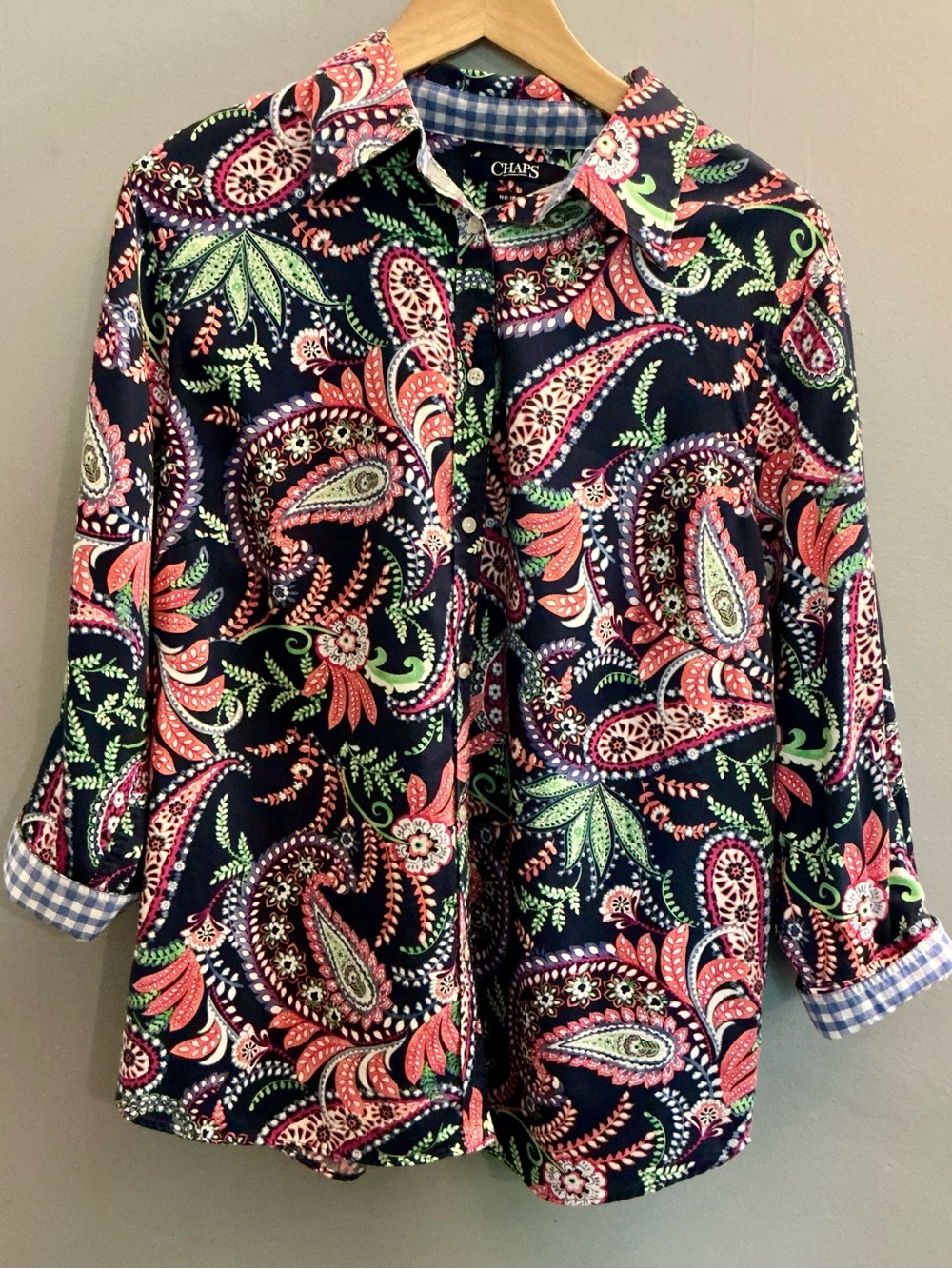 Chaps Women’s 1X Paisley Cotton Button-Down Shirt Roll Cuff Boho Cottagecore